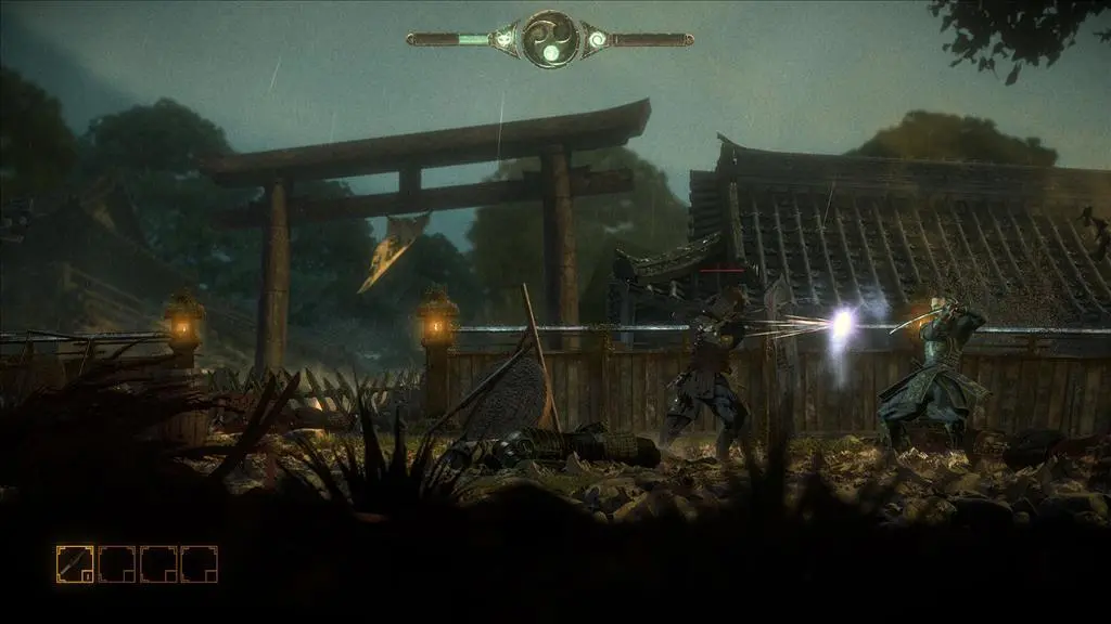 Captura del juego de samurais español The Spirit of the Samurai donde vemos a Takeshi, el protagonista de la aventura, bloquear el ataque de un enemigo con su espada.