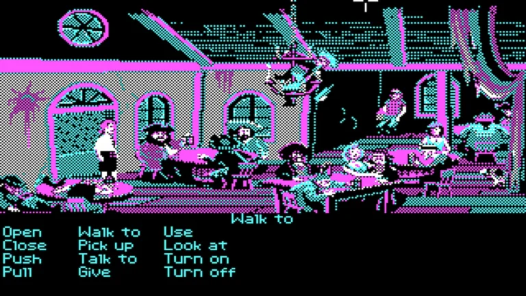 Una captura in-game, en colores negro, rosa y azul, de cómo sería ver The Secret of Monkey Island en Spectrum.