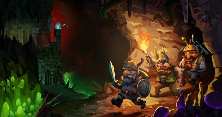 Tres enanos ilustres caminando felices armados por una mina iluminada, con motivos oscuros y verdes al fondo.