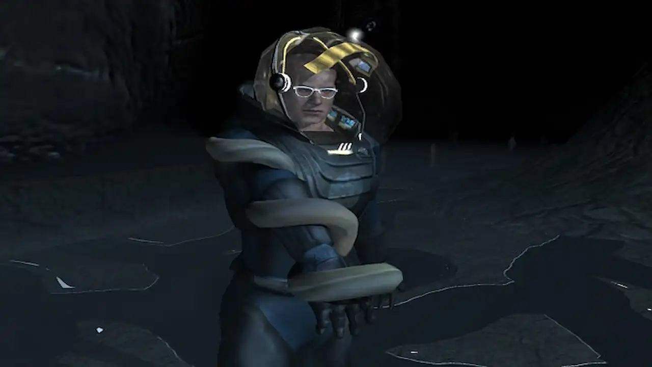Científico del mod de Prometheus para Doom 3 es atacado por un alienígena blanco que se le enrosca en el brazo.