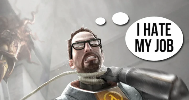 Gordon Freeman, de Half Life, siendo ahorcado por un tentáculo mientras dice que odia sus trabajos en los videojuegos.
