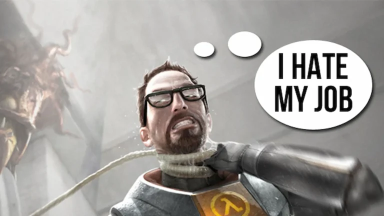 Gordon Freeman, de Half Life, siendo ahorcado por un tentáculo mientras dice que odia sus trabajos en los videojuegos.