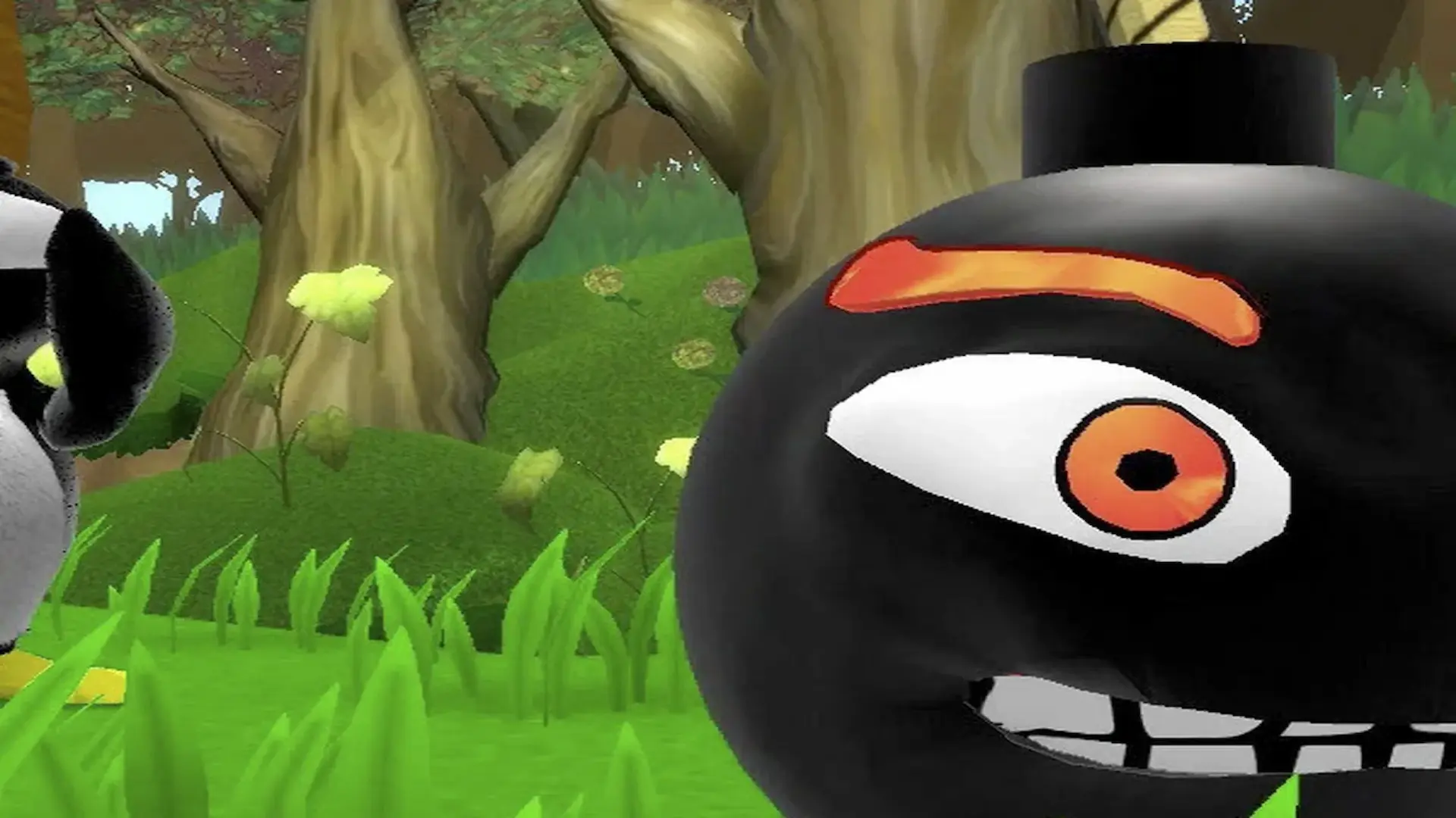 Un pingüino asustado viendo una bomba con una sonrisa malvada en el juego Isla Bomba.