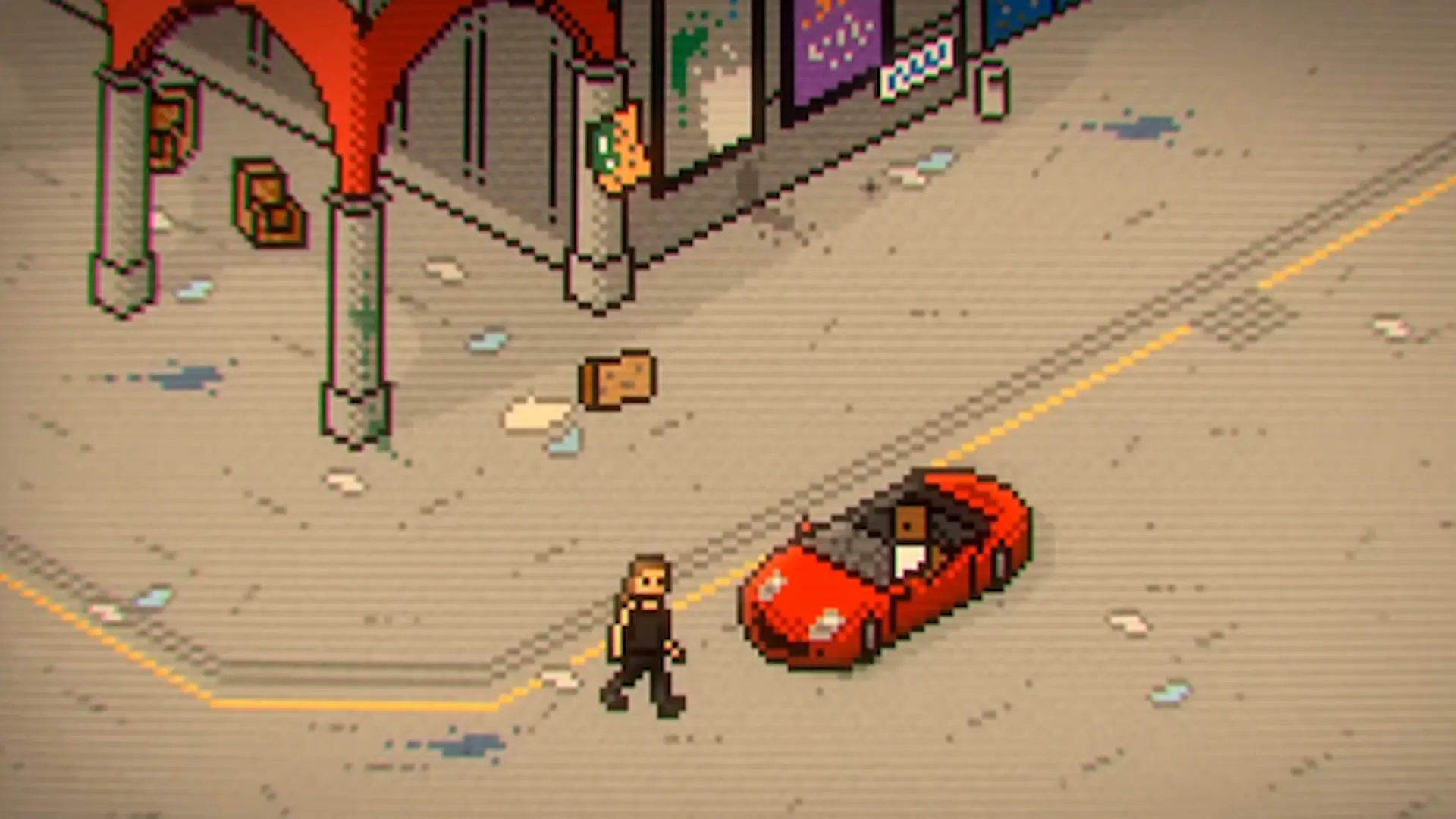 Una calle de la ciudad de Los Santos, recreada en formato píxel, como si estuviésemos jugando a GTAV en Super Nintendo.