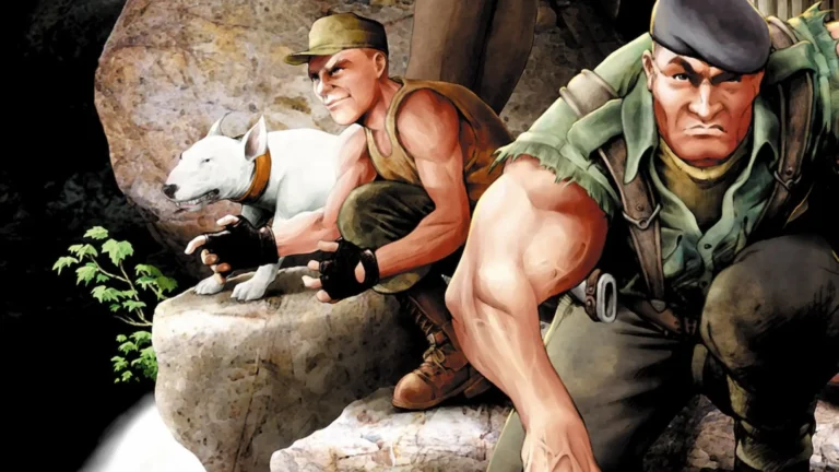 Portada del retro tráiler de Commandos 2 donde vemos al Boina verde y a Lupin dibujados, junto al perro Whiskey.