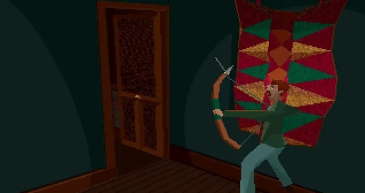 Personaje apunta con un arco en una sala oscura, preparado para el combate en la guía de Alone in the Dark.