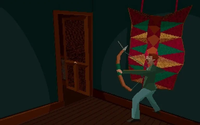 Personaje apunta con un arco en una sala oscura, preparado para el combate en la guía de Alone in the Dark.