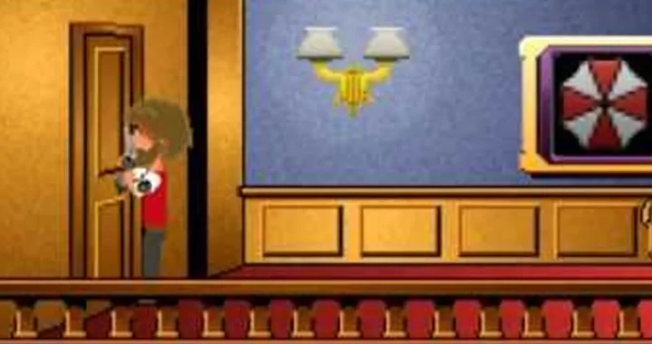 escena Resident Evil en Maniac Mansion con Barry abriendo una puerta en la mansión Spencer.