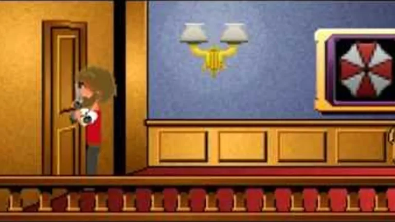 escena Resident Evil en Maniac Mansion con Barry abriendo una puerta en la mansión Spencer.