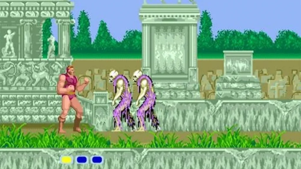 Análisis de Altered Beast 2 Un hombre con un mono color vino enfrentándose a unos zombis en el videojuego Altered Beast.