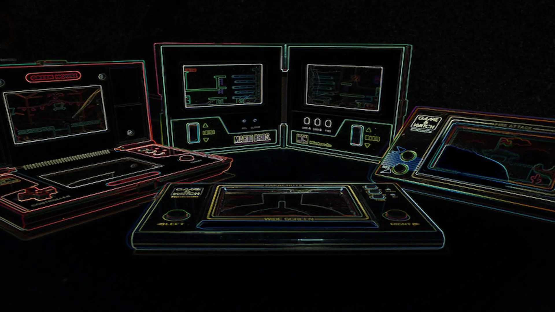 Varias Game & Watch de Nintendo dibujadas en diferentes líneas de colores sobre un fondo negro.