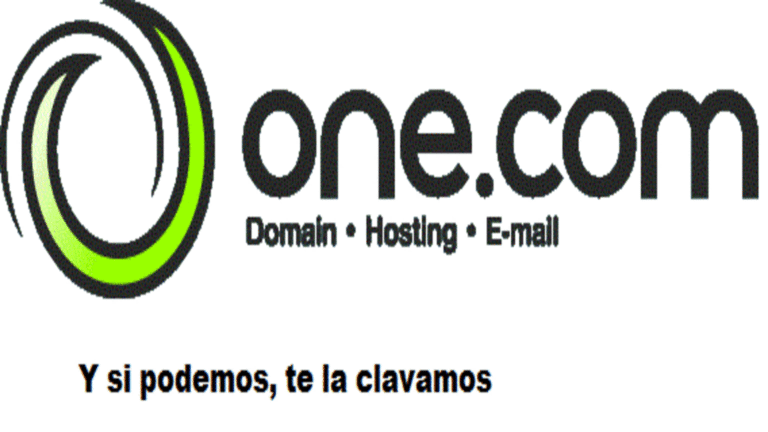 Logo del servicio de Hosting One.com en un fondo blanco, aderezado con el aviso de estafa de One.com.