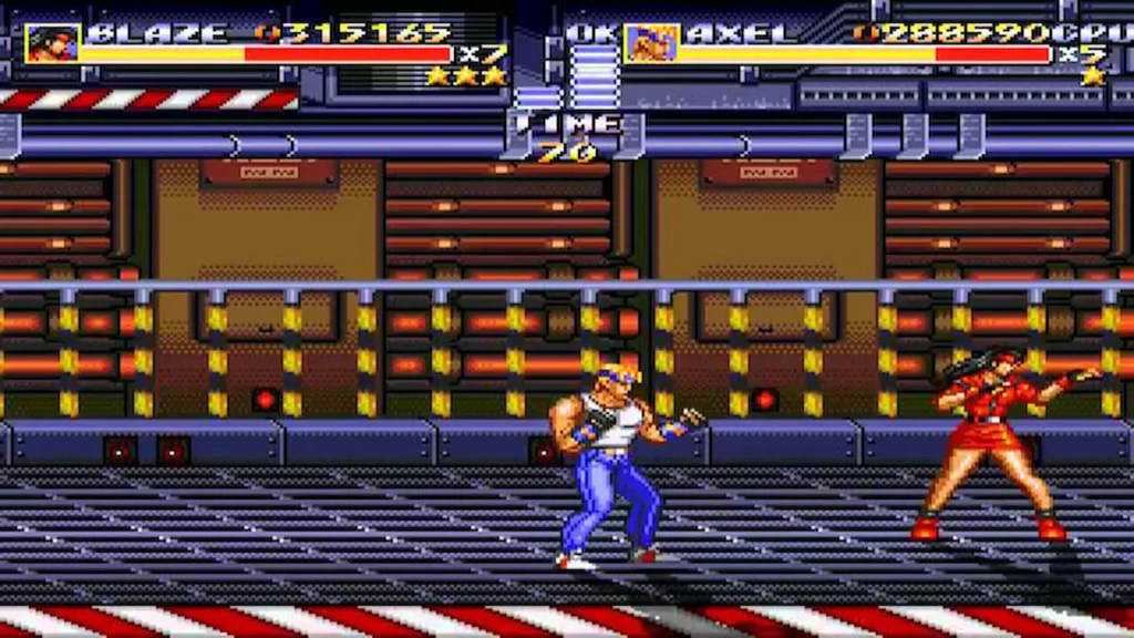 Axel, protagonista de Streets of Rage Remake, en una calle junto a Blaze, a punto de iniciar una pelea callejera.