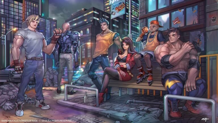 Ilustración con los protagonistas de la saga posando en una ciudad iluminada tras la batalla, evocando el estilo de Streets of Rage Remake.