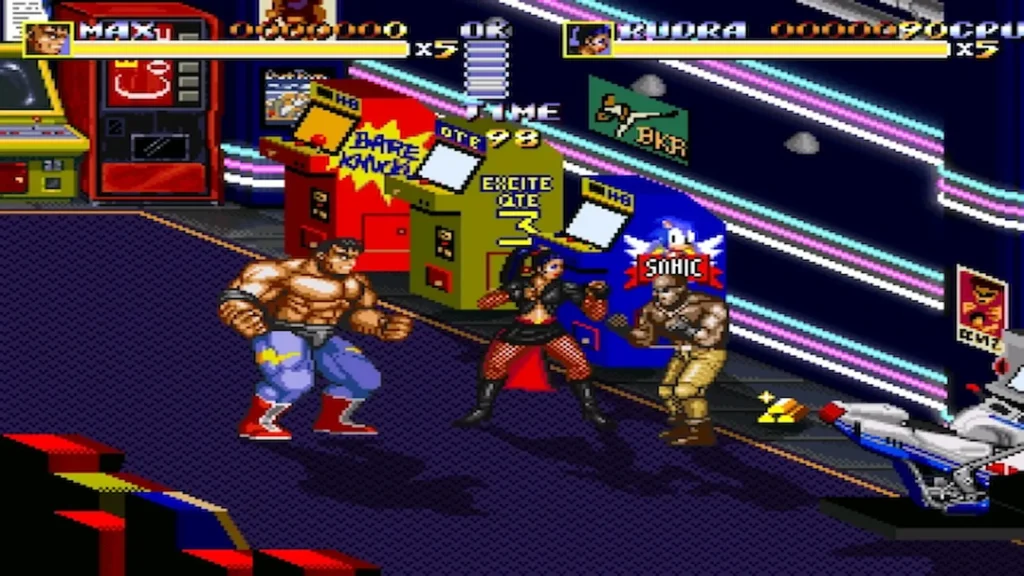 Max y Ruora, personajes de Streets of Rage Remake, en una sala de recreativos pegándose con un matón.
