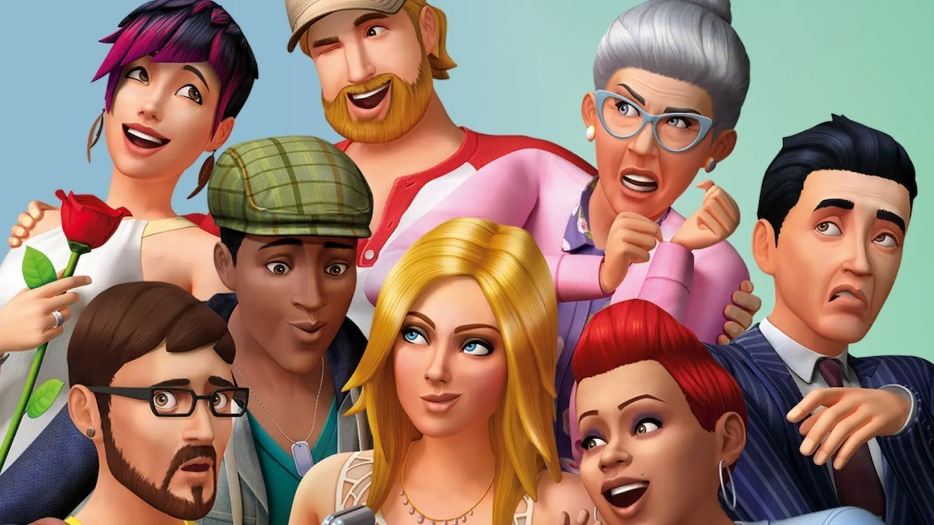 Un grupo de personajes con gestos divertidos y expresivos. Ilustra lo que es estar probando Los Sims 4, en una portada colorida y variada.