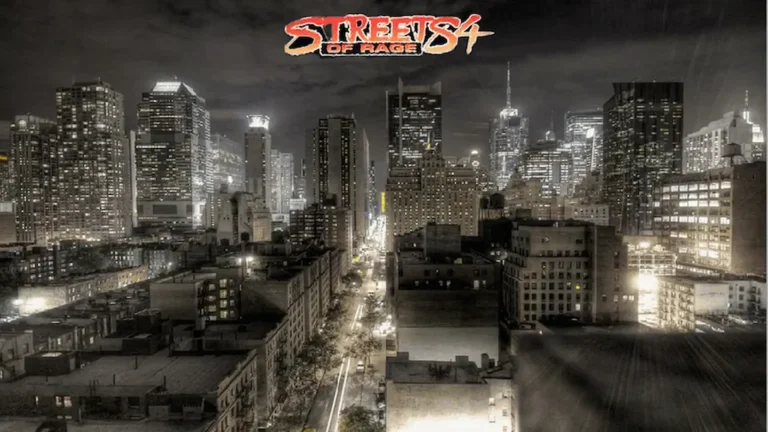 Panorámica nocturna de la ciudad bajo el logo del juego, ambientación urbana característica de Streets of Rage IV para PC.