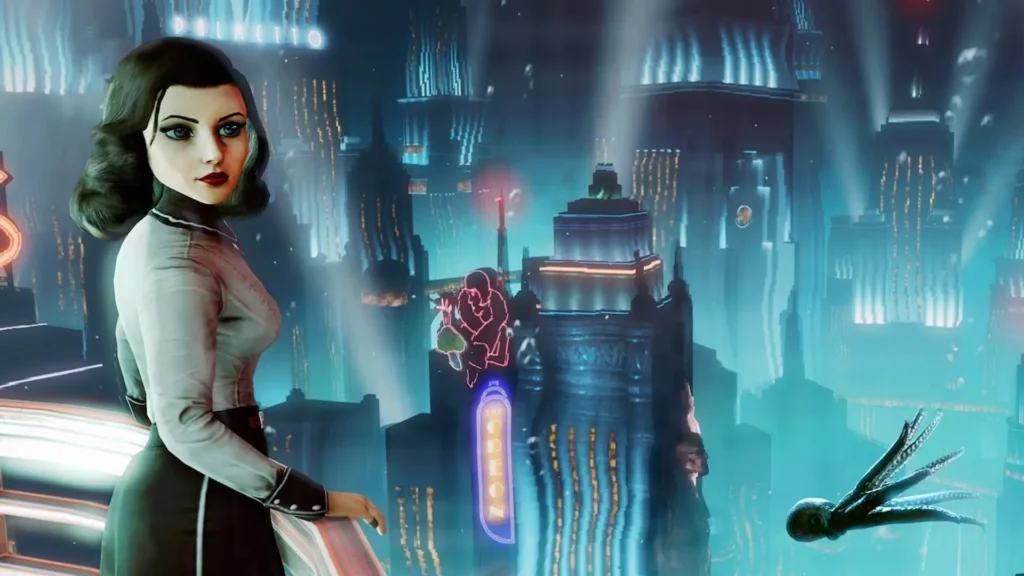 Mujer de mirada intensa sobre la ciudad submarina de Rapture en BioShock Infinite, iluminada con neones y un pulpo nadando cerca.