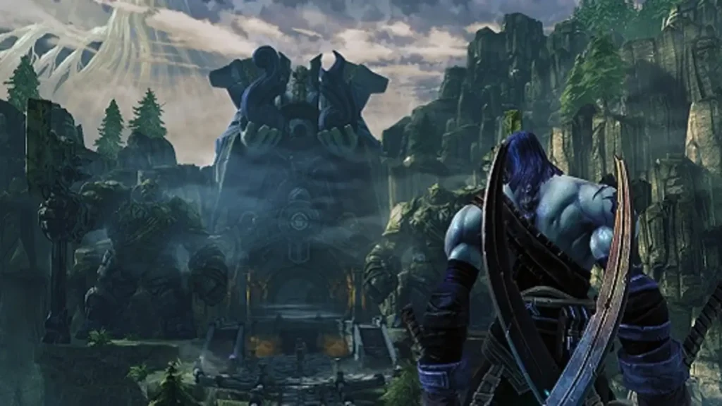 Muerte de espaldas ante una fortaleza pétrea gigante entre montañas y niebla de Darksiders II.