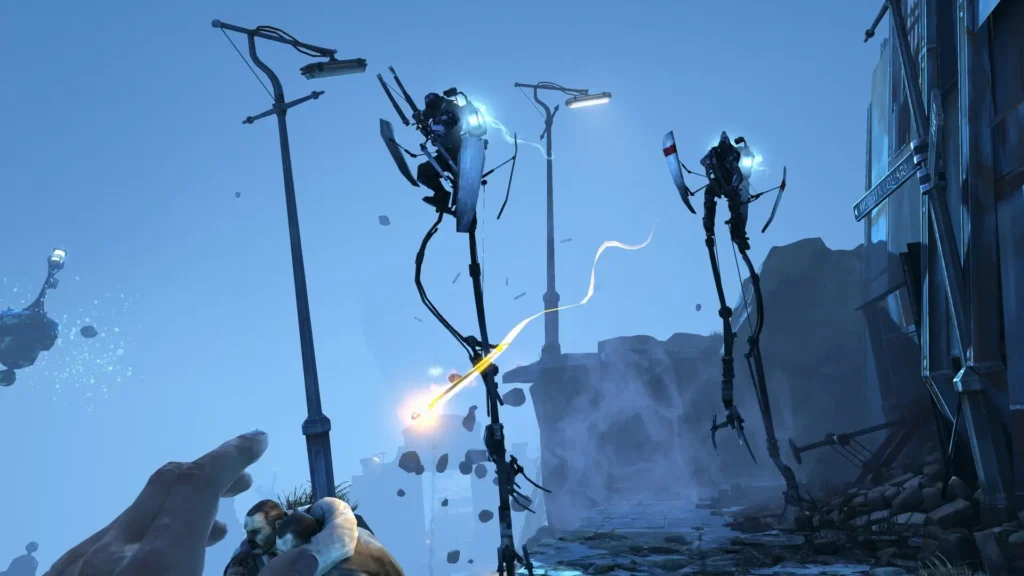 Zancudos avanzando entre destellos eléctricos mientras una mano apunta desde primer plano en Dishonored.