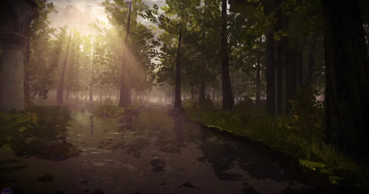 Sendero inundado entre árboles con luz dorada filtrándose, una escena que confirma que el videojuego es arte que mezcla calma y misterio.