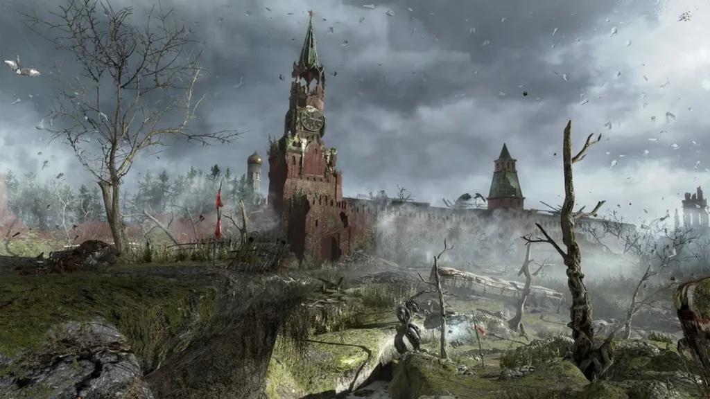 Ruinas del Kremlin cubiertas de niebla y escombros con una criatura acechando entre restos de Metro: Last Light.