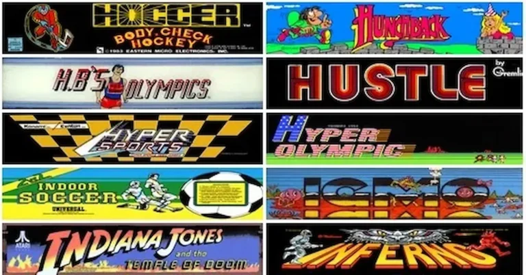 Un collage colorido de personajes de videojuegos clásicos y modernos, desde Pac-Man hasta héroes de RPG, ilustrando la variedad del Arcade online.