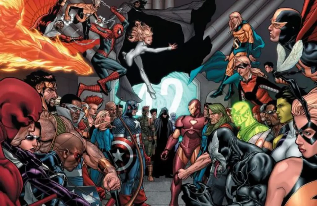 Iron Man y Capitán América lideran dos ejércitos de superhéroes a punto de chocar en el cómic Marvel Civil War.