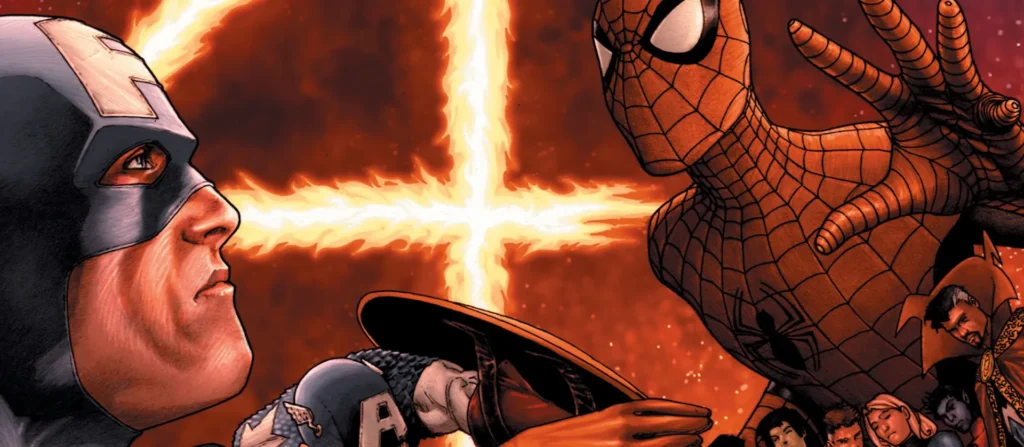 Primer plano del Capitán América y Spider-Man bajo una cruz de fuego, arte icónico del evento Marvel Civil War.