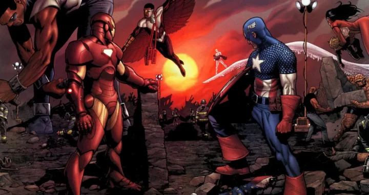La portada del cómic enfrenta a los bandos de Iron Man y el Capitán América en la batalla central de la Civil War.