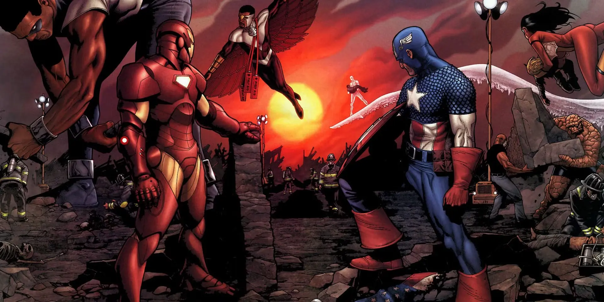 La portada del cómic enfrenta a los bandos de Iron Man y el Capitán América en la batalla central de la Civil War.