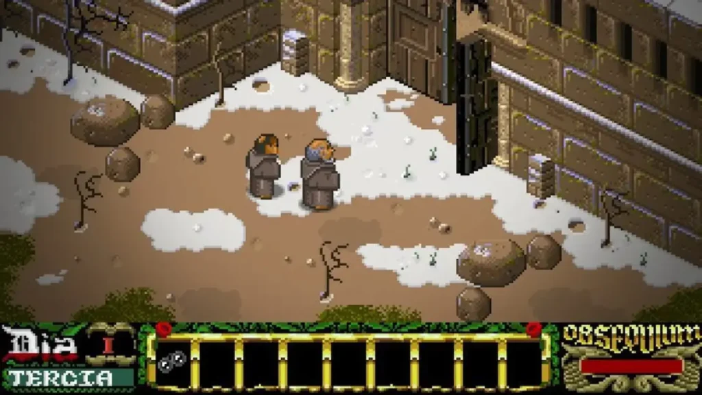 Ecena en el patio nevado del videojuego La abadía del crimen.