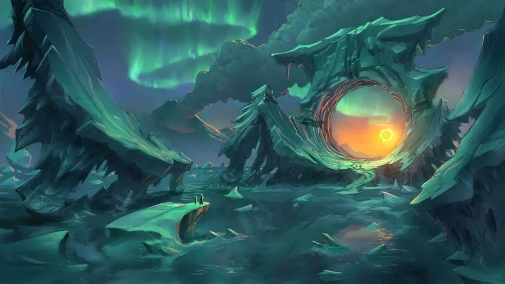Un espectacular arte conceptual de un paisaje épico bajo una aurora boreal muestra que los videojuegos más que entretenimiento son arte.