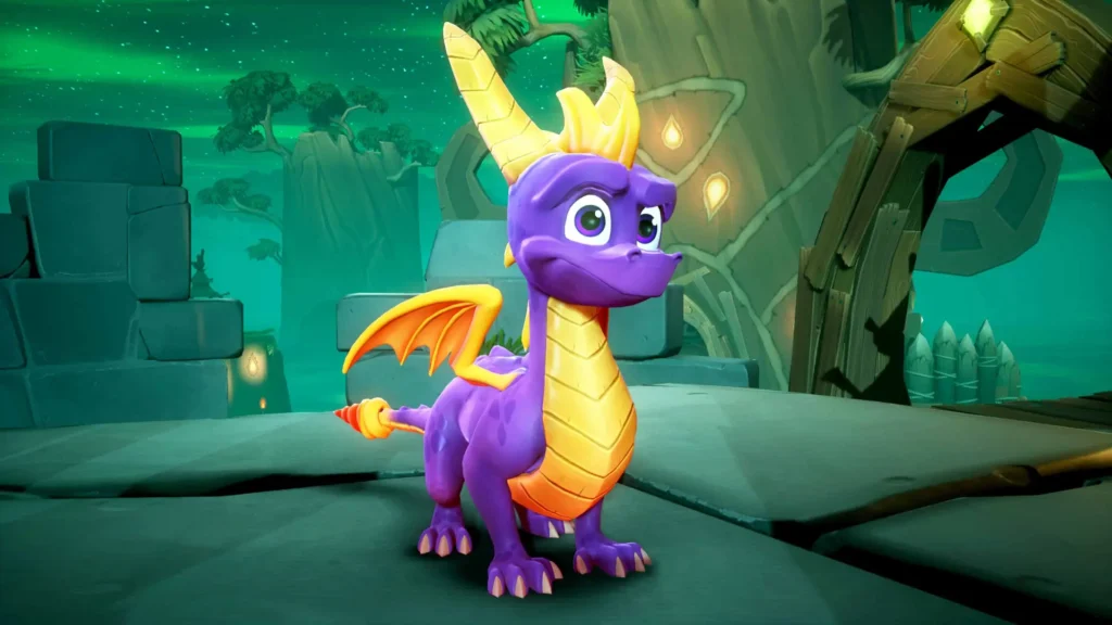 El dragón púrpura Spyro en un mundo vibrante es un ejemplo de videojuegos más que entretenimiento en plataformas.