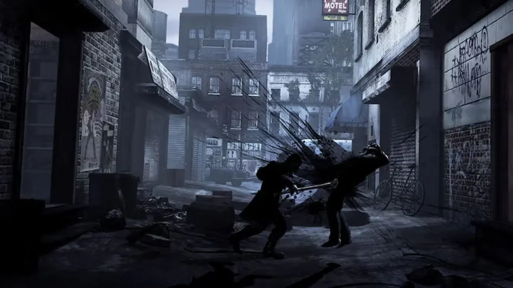 Un superviviente golpea a un enemigo en un callejón oscuro y destruido en Deadlight, uno de los juegos en 2D.