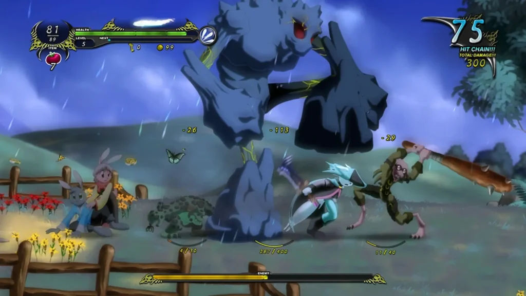 En Dust: An Elysian Tail, el héroe combate criaturas junto a un golem de piedra bajo una tormenta.