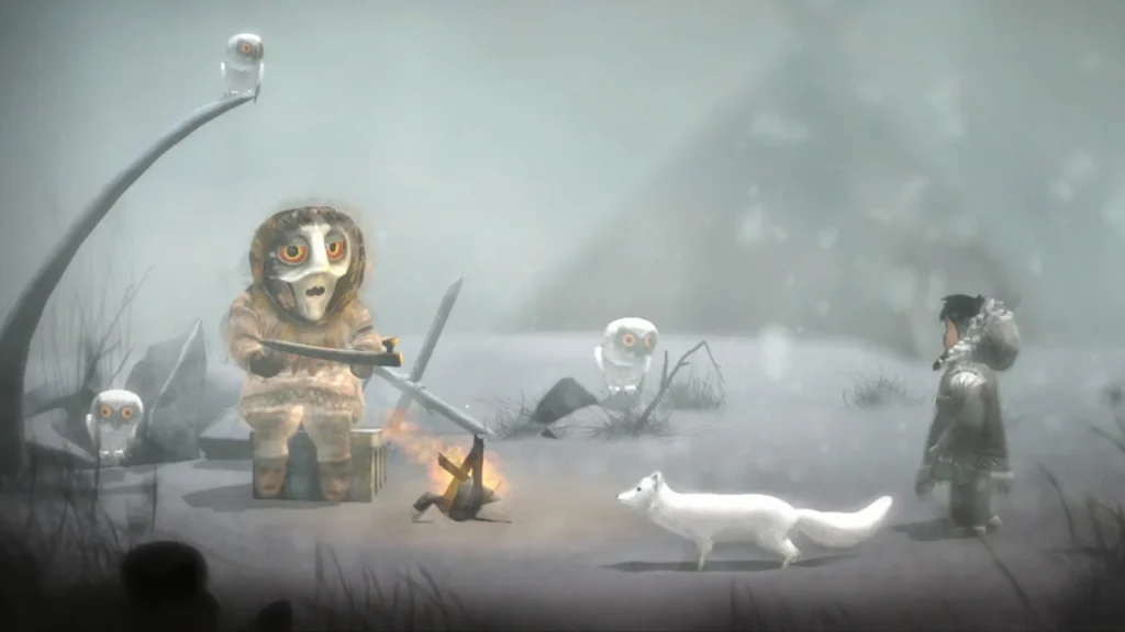En Never Alone, una niña inuit y su zorro enfrentan una ventisca frente a un espíritu con máscara.