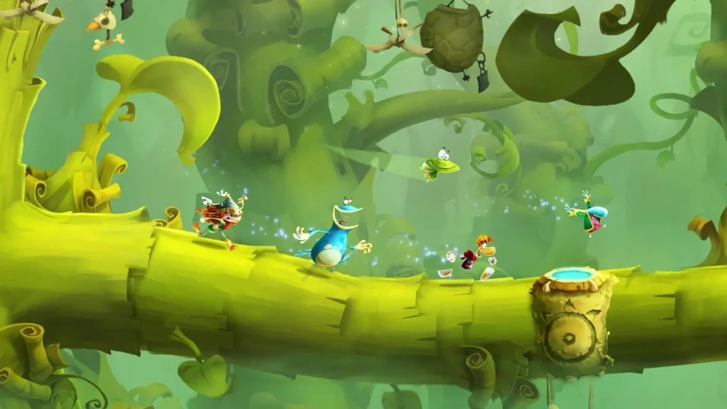 Los protagonistas de Rayman Legends avanzan corriendo por un bosque luminoso sobre ramas gigantes.