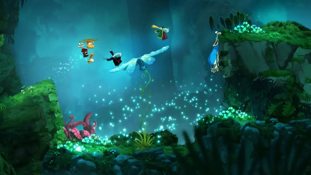 Rayman Origins muestra a Rayman y sus amigos saltando entre hojas y criaturas en un bosque colorido.