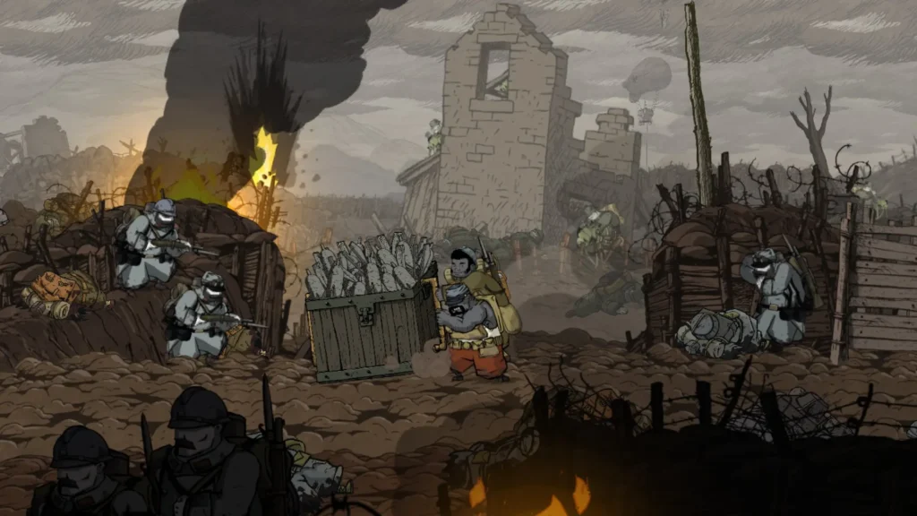 Soldados luchan entre trincheras humeantes y ruinas durante la Primera Guerra Mundial en Valiant Hearts.