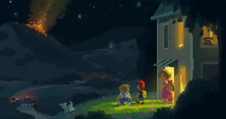 En EarthBound, dos niños observan una colina en erupción mientras su familia los mira desde casa.