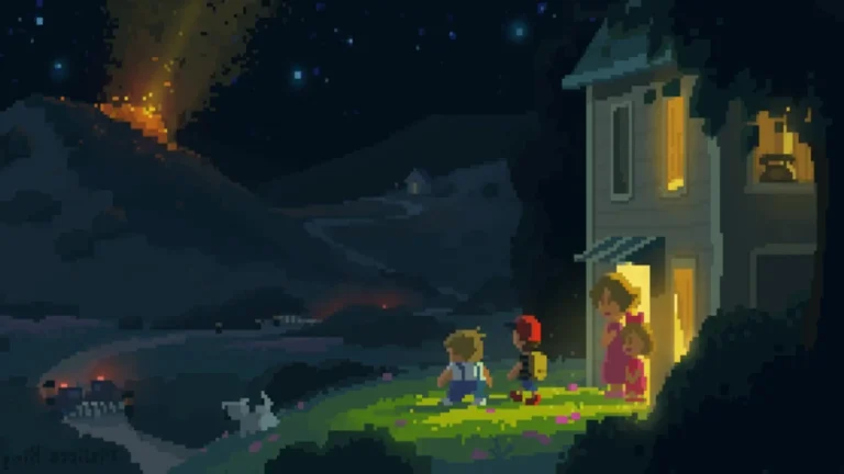 En EarthBound, dos niños observan una colina en erupción mientras su familia los mira desde casa.