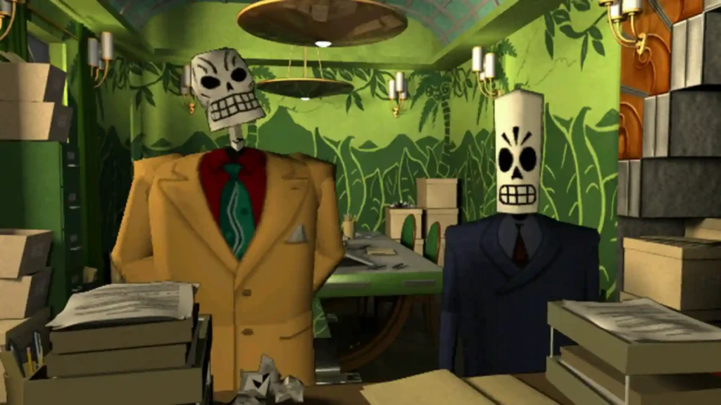 Escena de oficina en Grim Fandango remasterizado con Manny y otro personaje calavera.