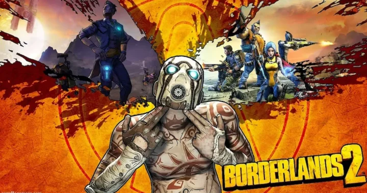 Psycho con máscara icónica al frente con personajes y explosión naranja en arte de Borderlands 2.