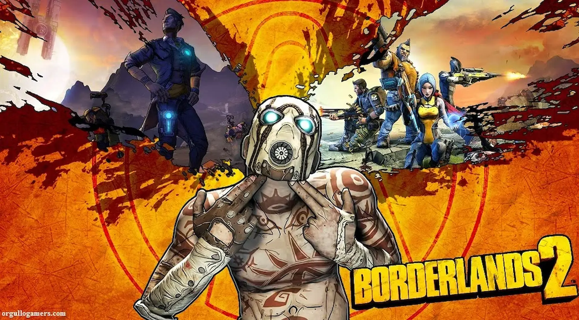Psycho con máscara icónica al frente con personajes y explosión naranja en arte de Borderlands 2.