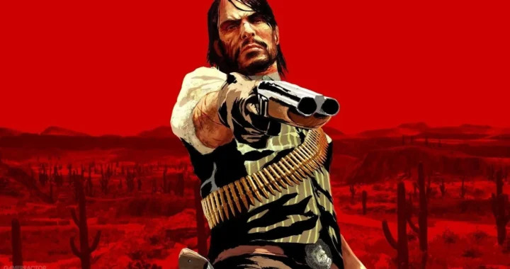 John Marston apuntando con una recortada a cámara dando la espalda a un desierto teñido de rojo en Red Dead Redemption.