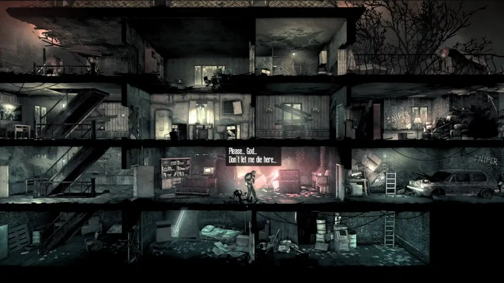 Un superviviente de This War of Mine explora un edificio en ruinas mientras ruega no morir entre los escombros.