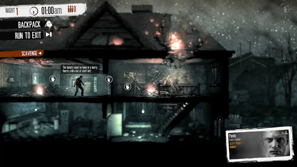 Durante la primera noche en This War of Mine, un hombre saquea una casa abandonada bajo el fuego de la guerra.