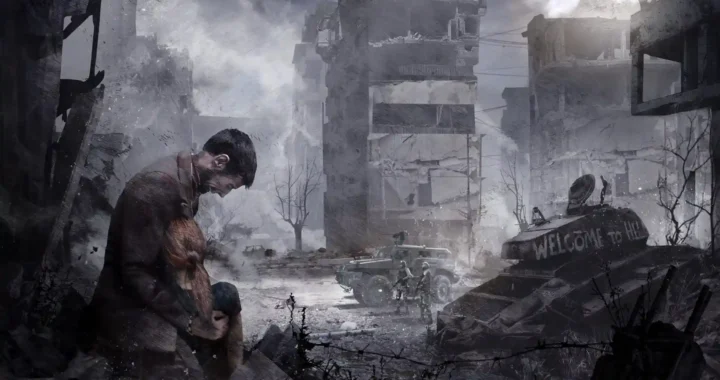 Un padre llora arrodillado con su hija en brazos frente a tanques y edificios destruidos en This War of Mine.