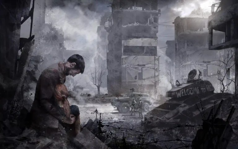 Un padre llora arrodillado con su hija en brazos frente a tanques y edificios destruidos en This War of Mine.